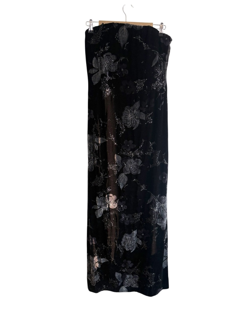 Carmen Marc Valvo Size 8 Black Velvet Floral Beaded Formal Strapless Dress Y2K